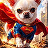 dog, chihuahua, superhero_costume, cape, superman_logo, cityscape, rubble, sunlight, dramatic_lighting, close_up, costume, animal, pet, fur, ears, paw, outdoor, sky, action_pose, heroic