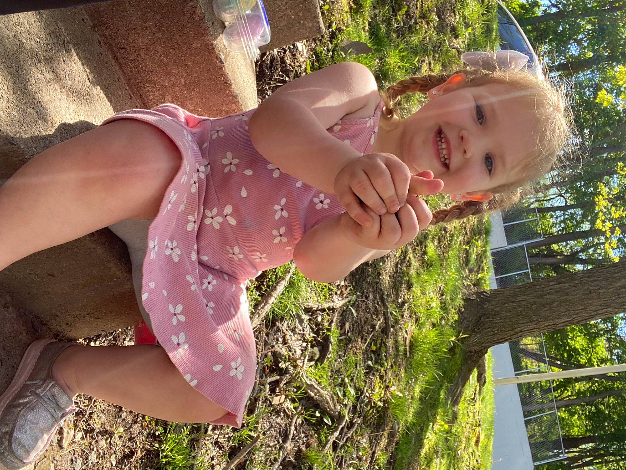Paislee joined the competition — help win amazing prizes! baby, baby_toddler_clothing, blond, child, eye, fun, grass, happy, head, human_leg, joy, leisure, people_in_nature, person, pink, plant, sky, smile, sunlight, thigh