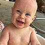 Kenneth joined the competition — help win amazing prizes! baby, child, smiling, blue_eyes, water_droplets, skin, tub, sitting, happy, indoors, dog, animal, background, concrete_floor, bare_chest, head, face, person, cute, infant