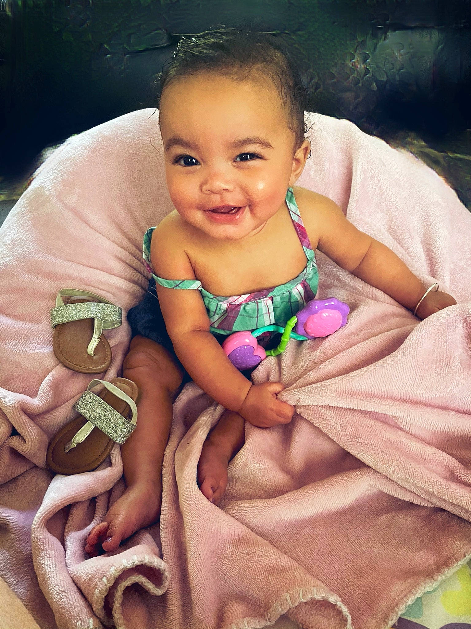 Chelsea is registered to the contest to win money with this photo: baby, baby_toddler_clothing, cheek, child, dress, finger, flash_photography, hairstyle, hand, happy, head, human, joy, neck, organ, person, pink, product, skin, smile