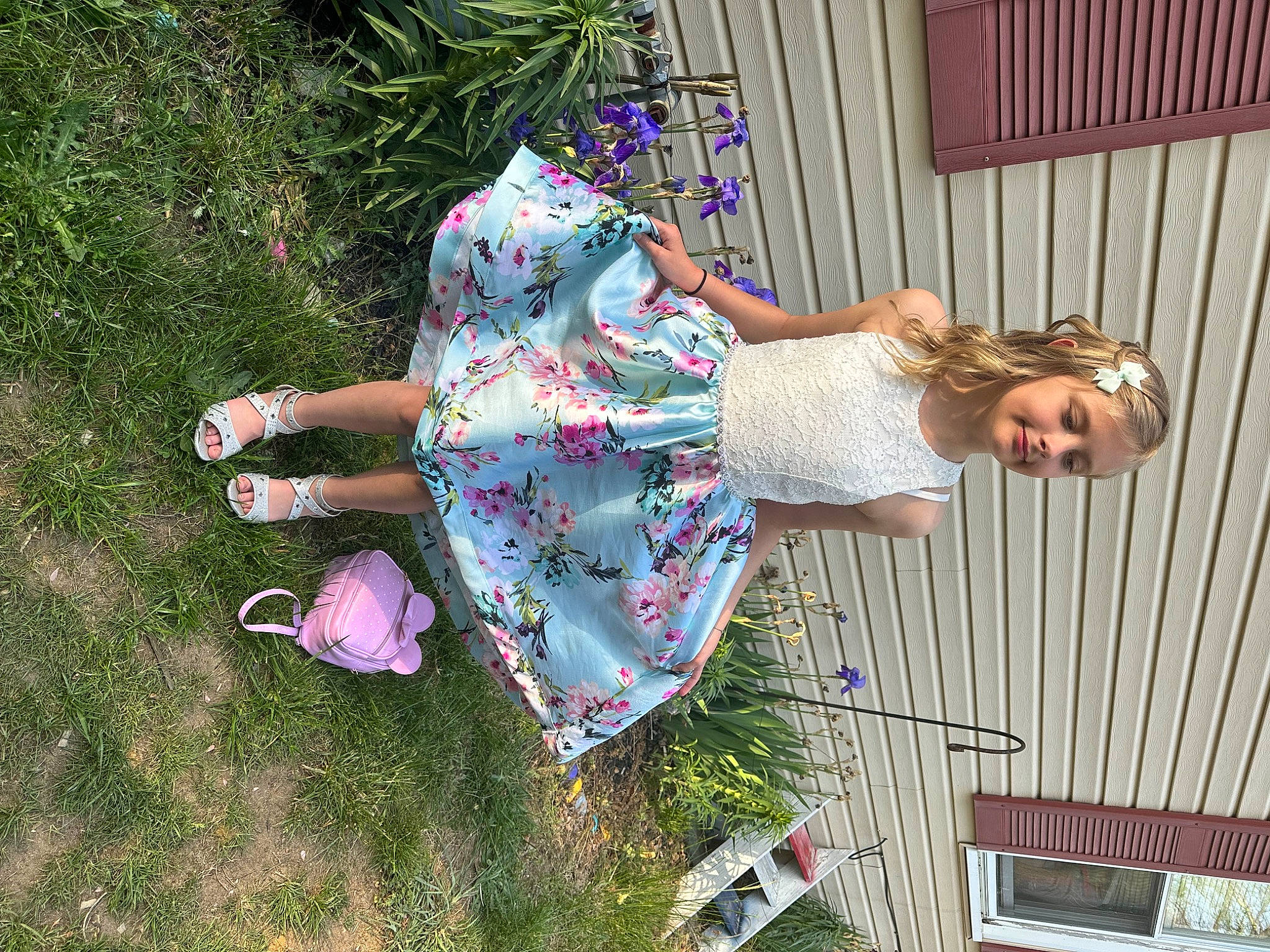 Haidyn Rose joined the competition — help win amazing prizes! barefoot, child, eyewear, fun, garden, grass, happy, human_leg, leisure, magenta, pattern, people_in_nature, person, pink, plant, sandal, spring, summer, yard
