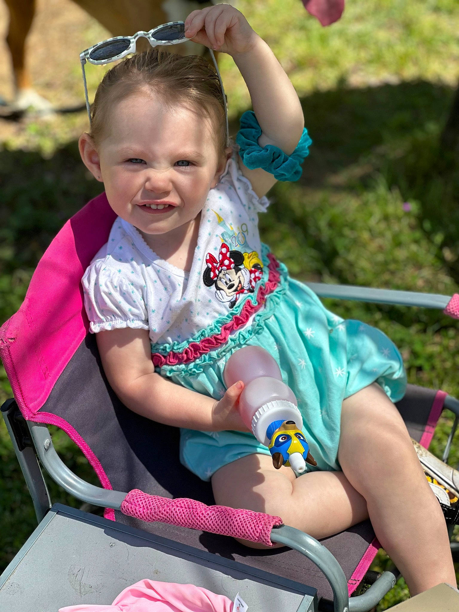 Willow joined the competition — help win amazing prizes! baby, baby_carriage, baby_toddler_clothing, balloon, child, event, fun, goggles, grass, happy, leisure, magenta, people_in_nature, person, pink, plant, recreation, smile, summer, sunglasses