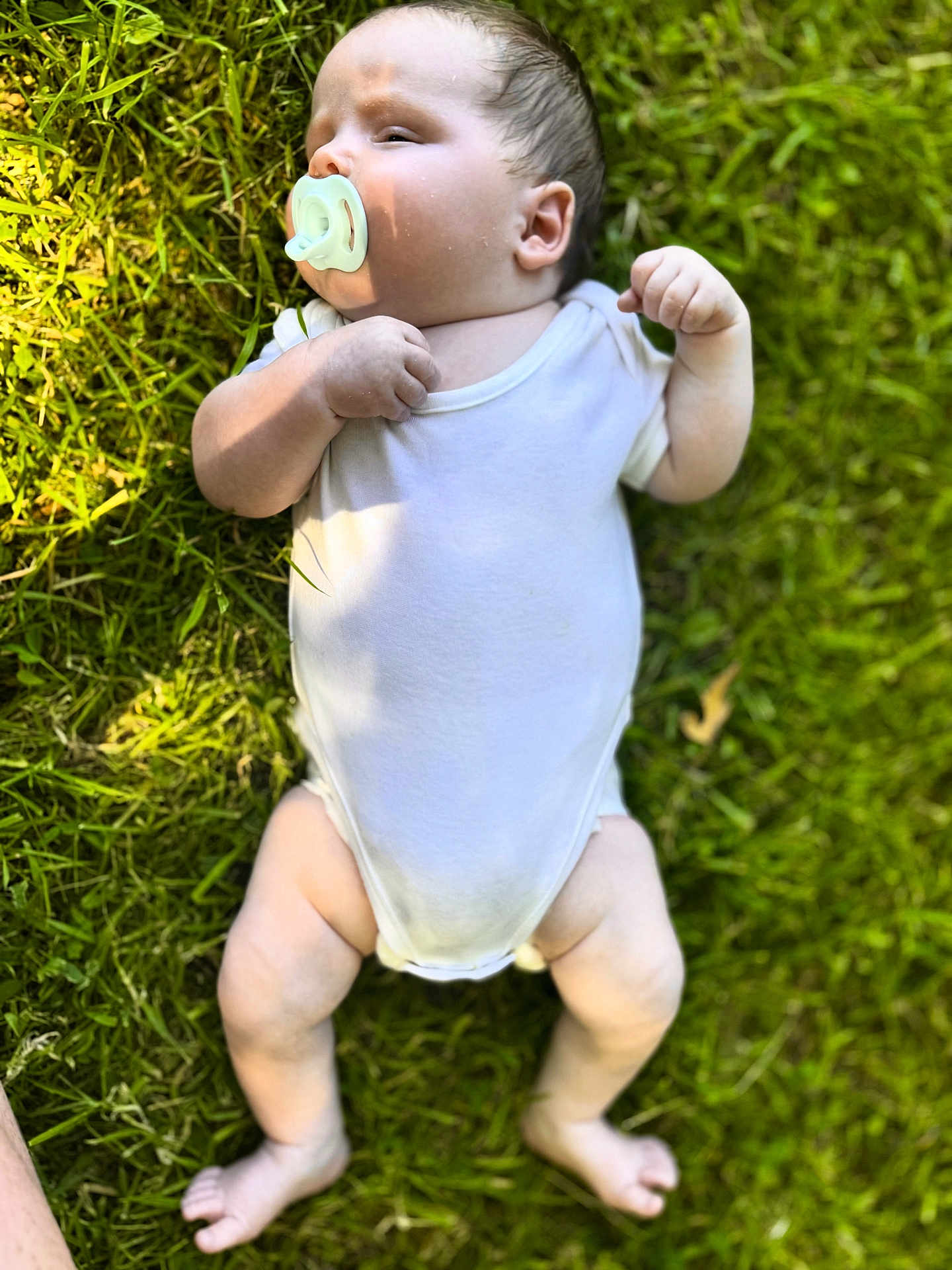 Colla is registered to the contest to win money with this photo: baby, barefoot, child, cute, grass, greenery, infant, lying_down, natural_light, outdoor, pacifier, peaceful, portrait, relaxation, skin, small, summer, sunlight, white_onesie, young