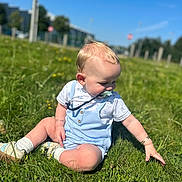 Blayn is registered to the contest to win money with this photo: toddler, child, grass, outdoor, blue_sky, pacifier, shorts, sitting, sunlight, baby, greenery, bracelet, curious, nature, playing, daylight, person, footwear, summer, exploring
