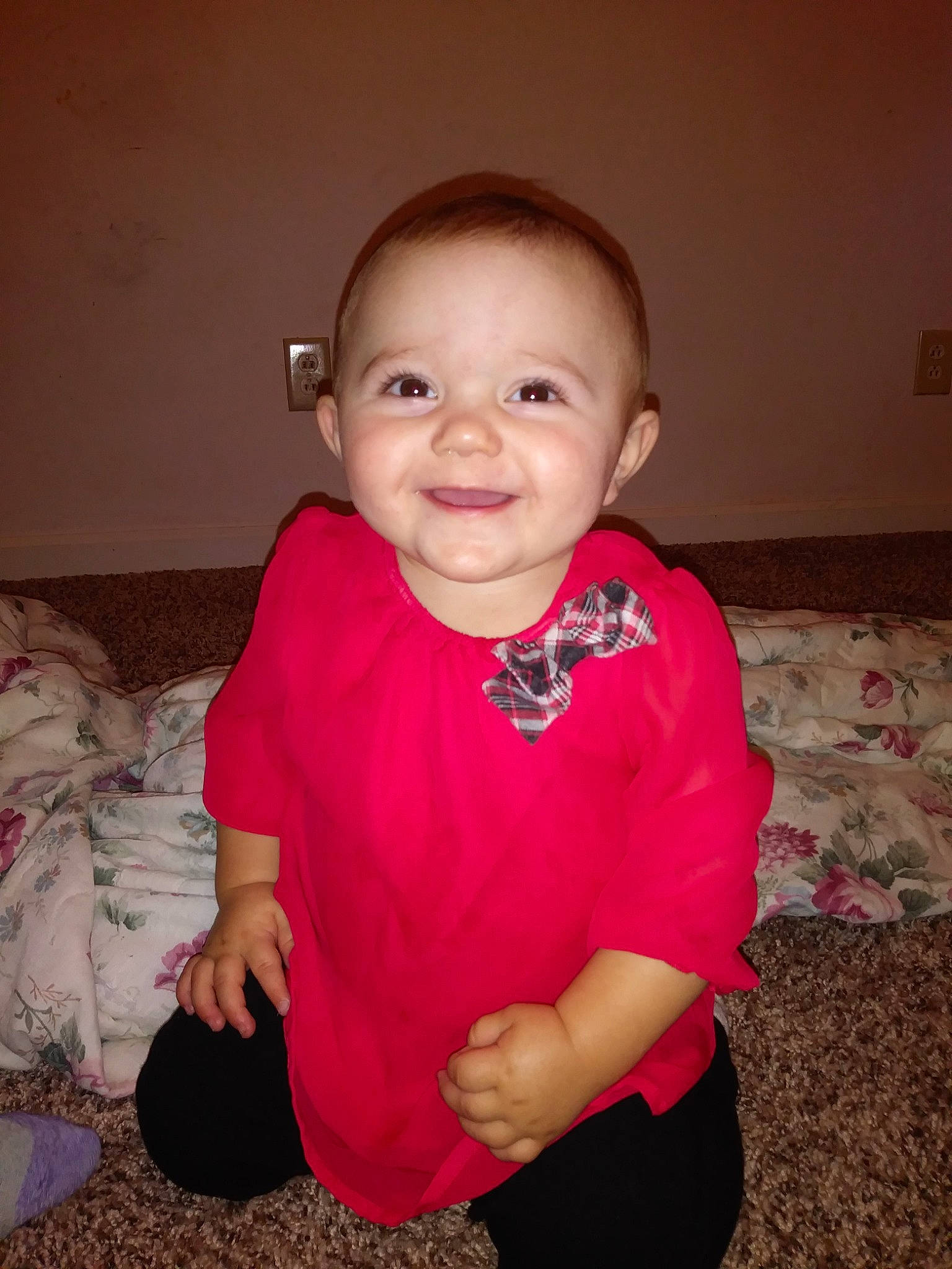 Presleigh is registered to the contest to win money with this photo: arm, cheek, child, joy, lip, magenta, person, pink, sitting, skin, smile, standing, toddler