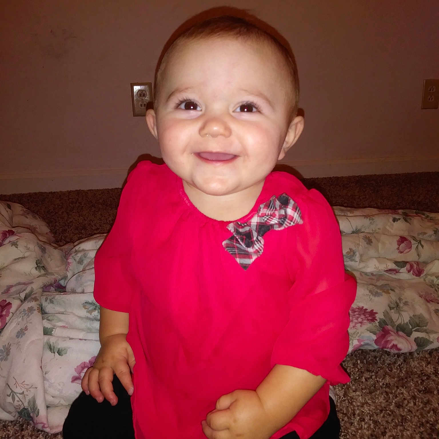 Presleigh is registered to the contest to win money with this photo: arm, cheek, child, joy, lip, magenta, person, pink, sitting, skin, smile, standing, toddler