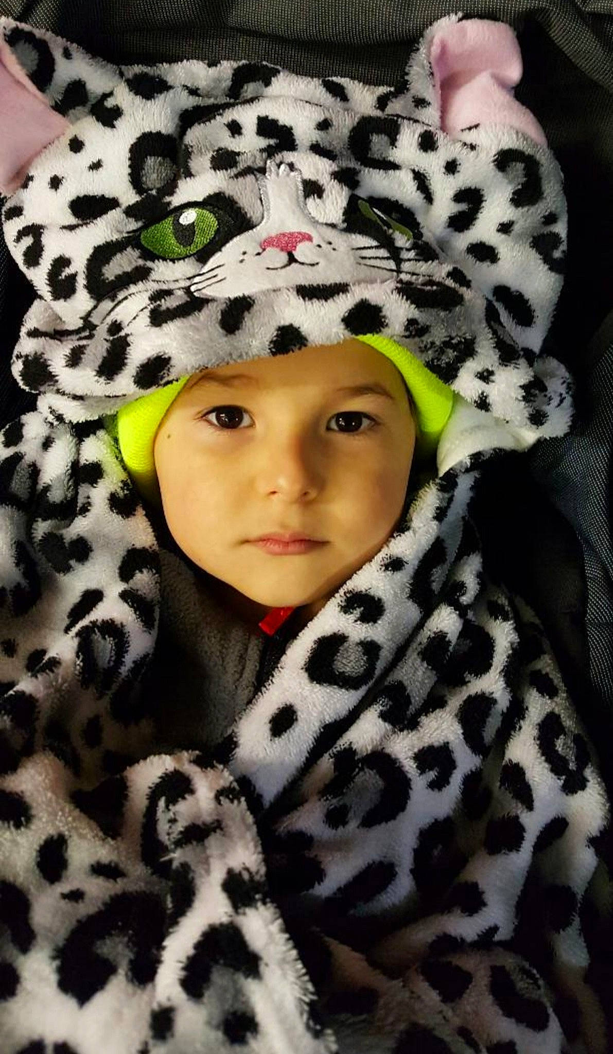 Wyatt joined the competition — help win amazing prizes! animal_product, cap, child, comfort, eye, eyelash, facial_expression, fashion_accessory, fashion_design, fur, fur_clothing, happy, headgear, headwear, linens, military_camouflage, pattern, person, sleeve, toddler