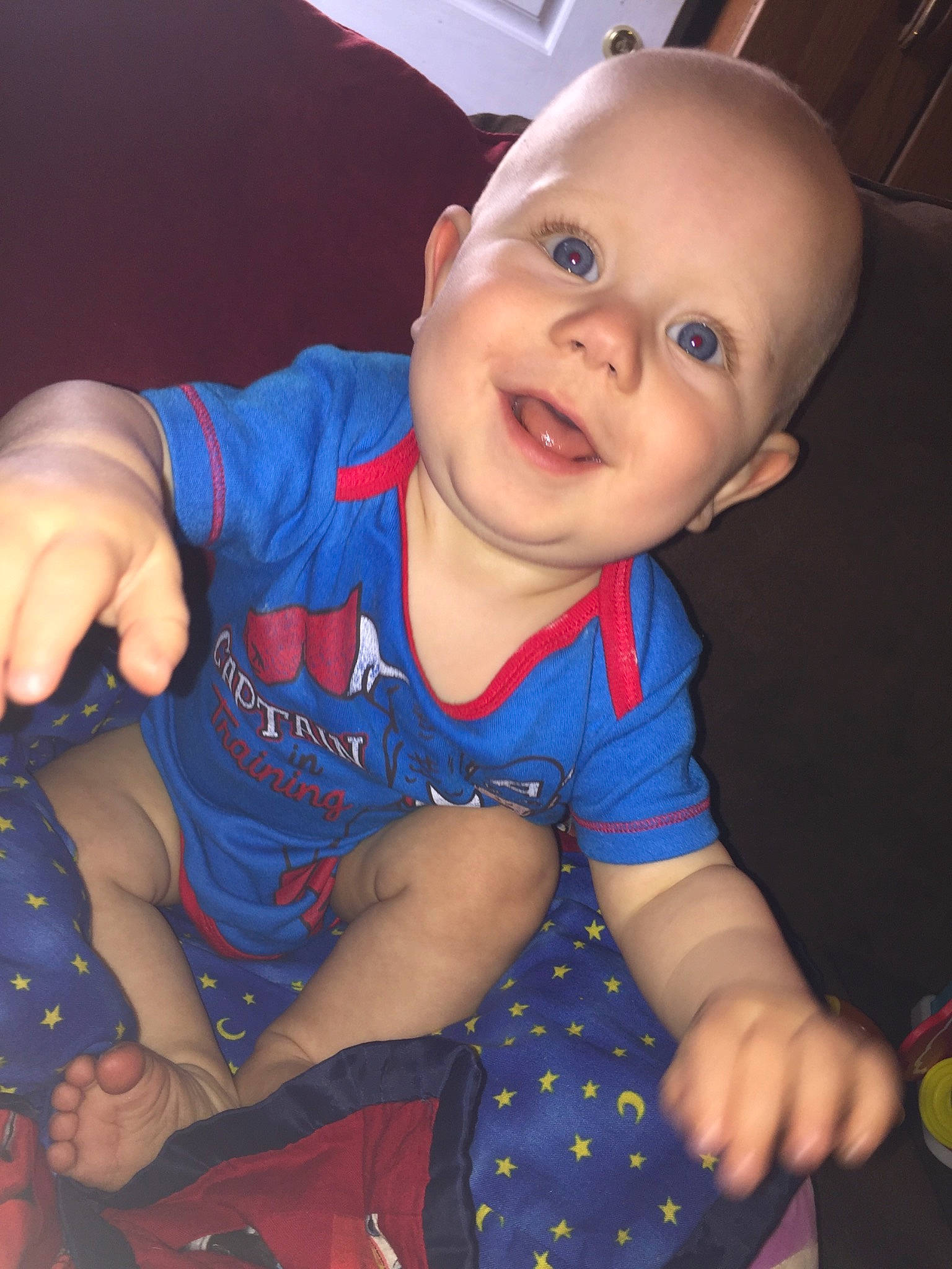 Mavrick joined the competition — help win amazing prizes! arm, baby, blue, cheek, child, eye, face, facial_expression, finger, forehead, fun, hand, head, iris, lip, nose, person, product, skin, smile