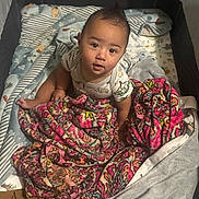 Brayan is registered to the contest to win money with this photo: baby, infant, playpen, blanket, colorful, child, cute, indoors, sitting, looking_up, clothing, patterned_blanket, soft_toys, expression, young_child, portrait, floor, comfort, home, curious