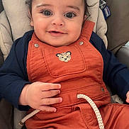 Emilio participe au concours pour gagner de l'argent avec cette photo : baby, child, smiling, face, eyes, hair, overall, clothing, seat, cushion, indoor, cute, infant, hand, person, portrait, happy, young, comfortable, leopard_patch