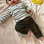 Emilio a rejoint le concours — aidez-le/la à gagner de superbes lots ! baby, child, infant, smiling, striped_sweater, green_pants, blanket, soft_texture, yellow_foam_number, number_6, milestone, lying_down, cute, indoors, happy, portrait, clothing, feet, hand, face