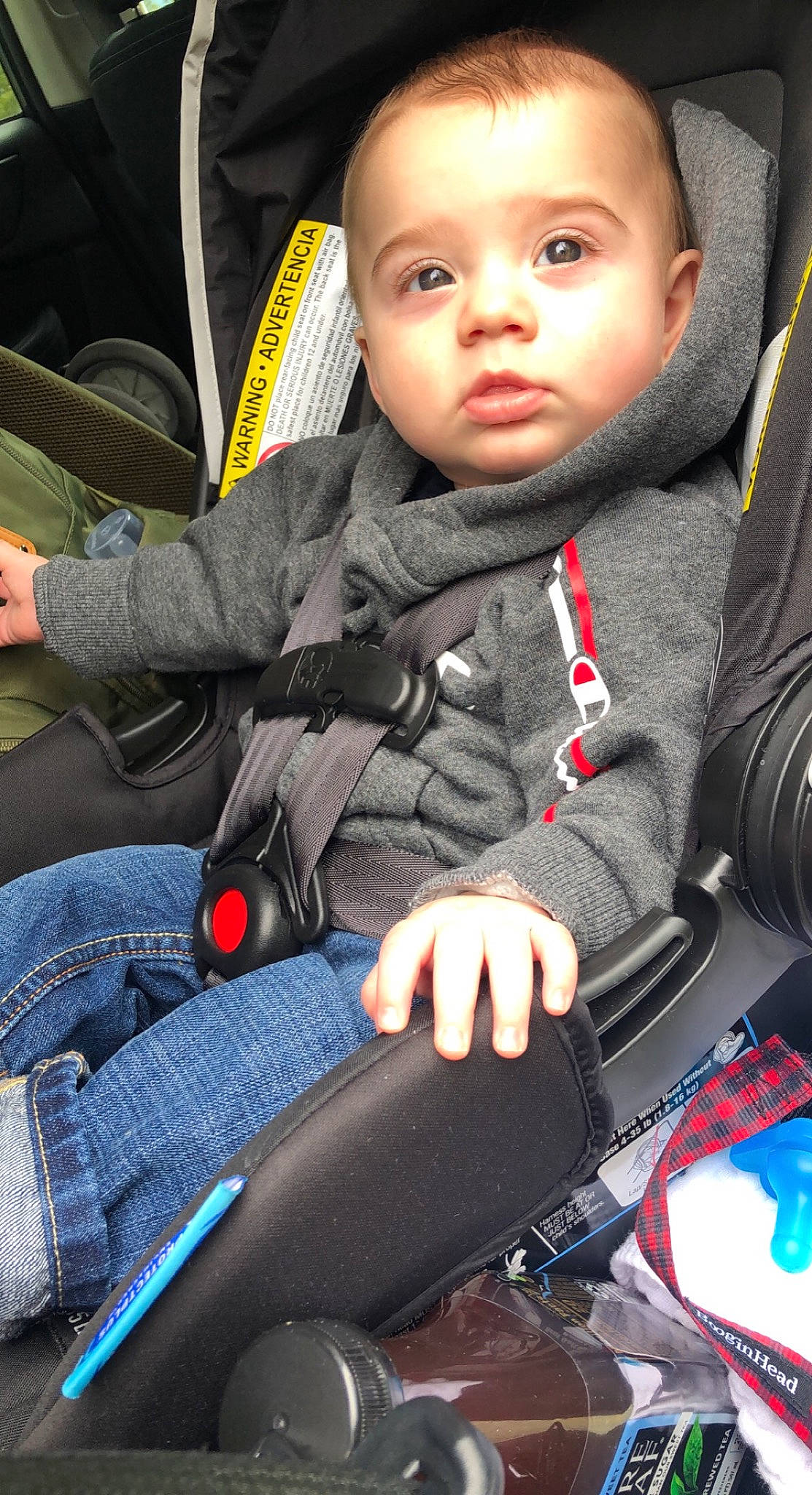 Michael is registered to the contest to win money with this photo: auto_part, automotive_design, baby, baby_carriage, car, car_seat, car_seat_cover, child, comfort, facial_expression, head, head_restraint, light, motor_vehicle, person, seat_belt, snapshot, steering_part, steering_wheel, toddler