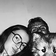 Bucky participe au concours pour gagner de l'argent avec cette photo : animal, black_and_white, candid, casual, closeup, dog, face, glasses, hair, happy, head, indoor, man, people, pet, portrait, puppy, selfie, smile, woman