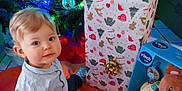Yaël participe au concours pour gagner de l'argent avec cette photo : blue_shirt, box, child, christmas, christmas_tree, decorations, festive, floor, gift, holiday, indoor, ornaments, pine_tree, present, smiling, socks, teddy_bear, toddler, toy, young_child