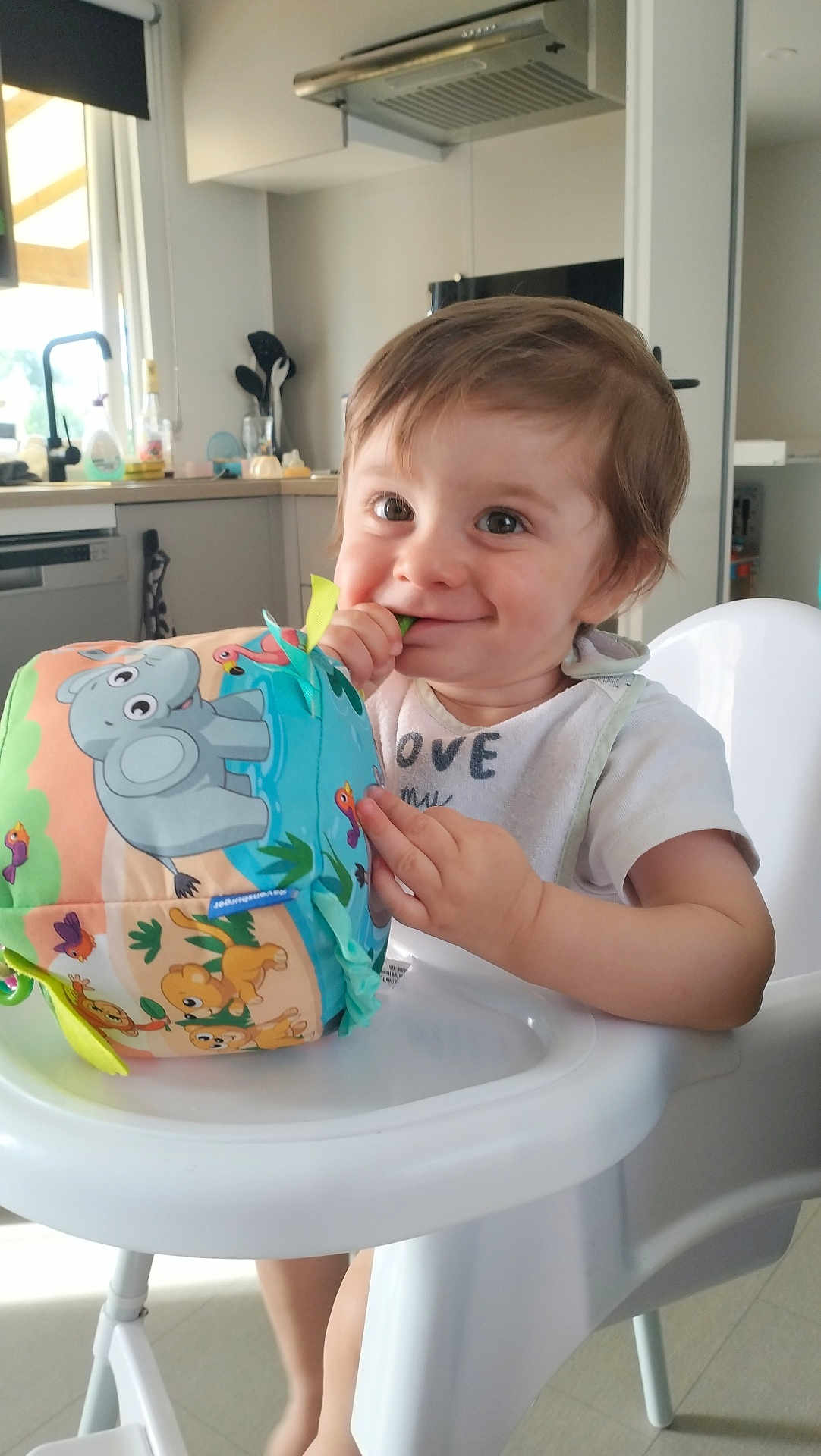 Loan a rejoint le concours — aidez-le/la à gagner de superbes lots ! toddler, child, high_chair, toy, colorful, smiling, indoor, kitchen, cute, baby, soft_toy, animal_print, white_clothing, happy, chewing, young_child, home, playful, person, seat