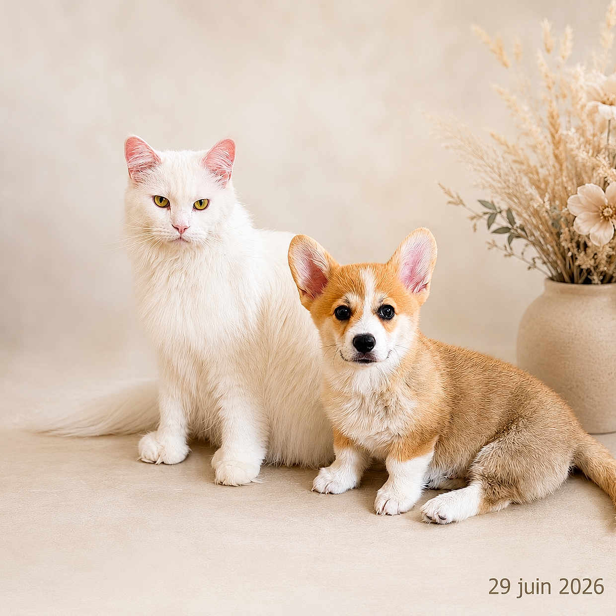 Blue participe au concours pour gagner de l'argent avec cette photo : cat, dog, corgi, white_cat, puppy, pet, animal, furry, cute, studio, portrait, sitting, indoors, flower_vase, decor, beige_background, companion, fluffy, curious, calm