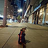 cat, backpack, night, city, sidewalk, street, urban, building, light, lamp, pedestrian, pavement, window, reflection, dark, outdoor, animal, fur, tail, alone