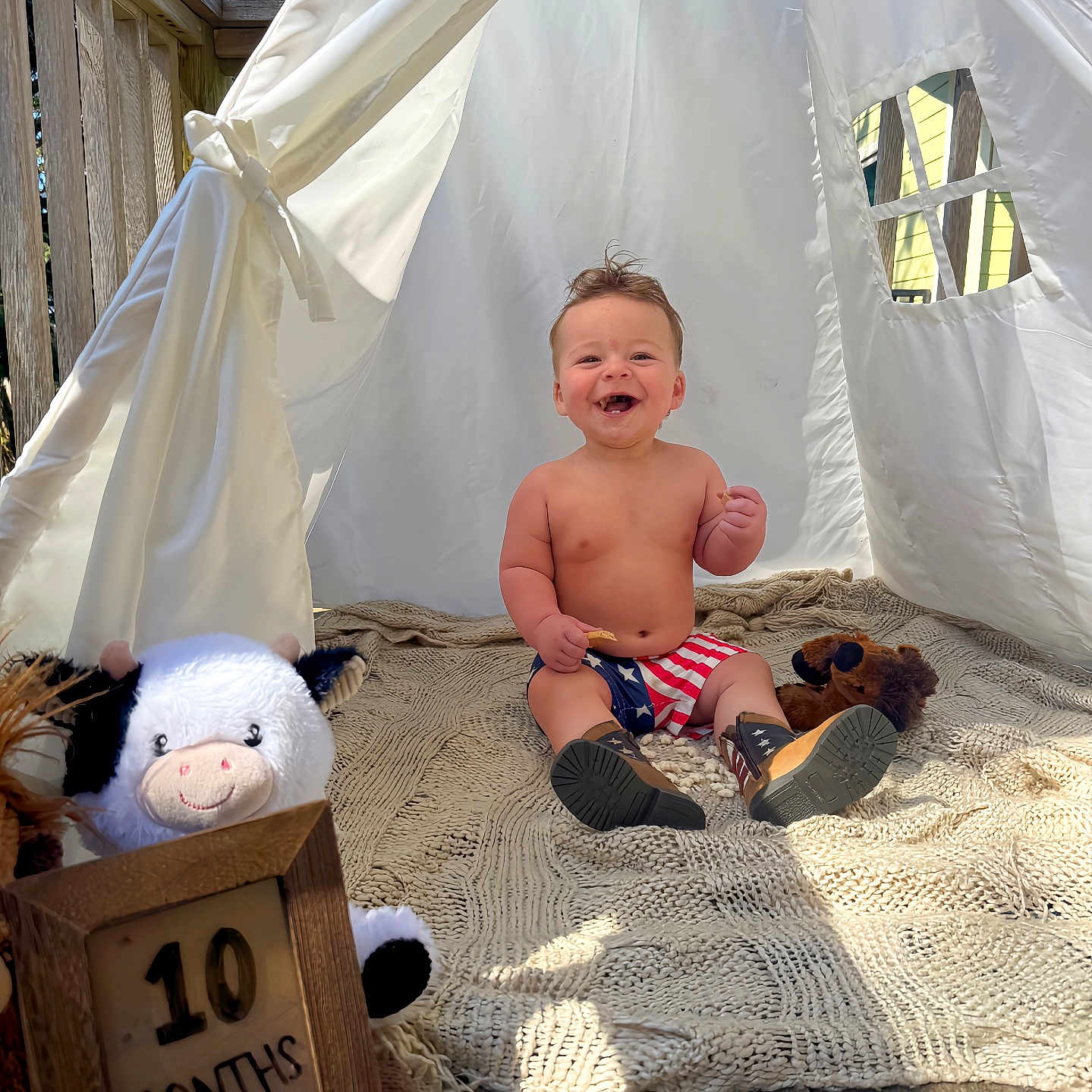 Bowen is registered to the contest to win money with this photo: baby, child, tent, smiling, boots, knitted_blanket, plush_toy, cow_toy, bear_toy, wooden_deck, sunlight, outdoor, happy, portrait, candid, clothing, baby_shorts, age_marker, white_fabric, cute