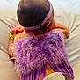 baby, infant, purple_wings, headband, soft_cushion, feathers, back_view, sleeping, cute, newborn, angel, costume, skin, flesh, lying_down, adorable, child, soft_lighting, indoor, peaceful