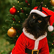 Aïko participe au concours pour gagner de l'argent avec cette photo : cat, black_cat, santa_claus_costume, christmas_tree, christmas_ornaments, holiday, festive, red_costume, gold_belt_buckle, outdoor, decorations, fur, pet, cute, whiskers, holiday_lights, seasonal, animal_portrait, festive_season, christmas