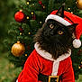 cat, black_cat, santa_claus_costume, christmas_tree, christmas_ornaments, holiday, festive, red_costume, gold_belt_buckle, outdoor, decorations, fur, pet, cute, whiskers, holiday_lights, seasonal, animal_portrait, festive_season, christmas