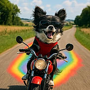 Rocky is registered to the contest to win money with this photo: dog, motorcycle, sunglasses, red_vest, road, rainbow_trail, outdoor, sunny, black_and_white_dog, animal, riding, two_wheeler, nature, grass, trees, sky, happy, tongue_out, ears_up, adventure