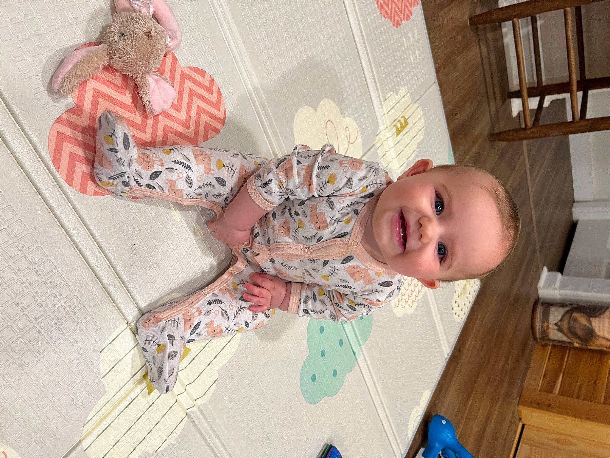 Oakley joined the competition — help win amazing prizes! art, baby, baby_products, baby_safety, baby_toddler_clothing, child, flooring, hardwood, joy, linens, pattern, person, pink, room, smile, toddler, toy, visual_arts, wood