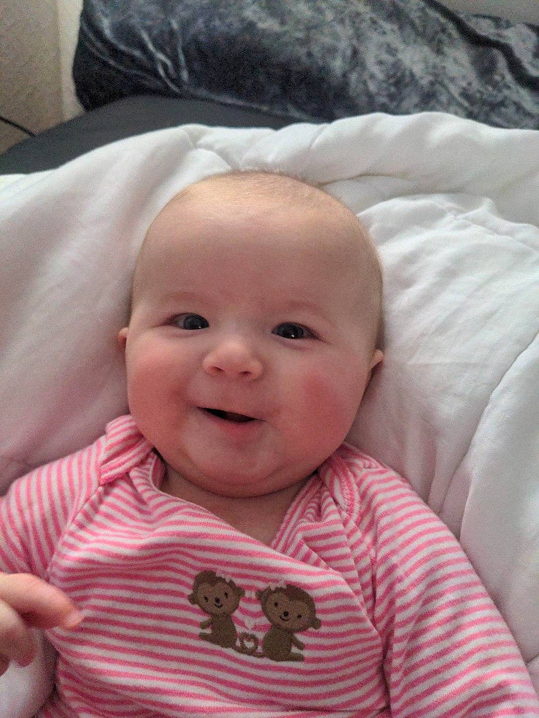 Haven is registered to the contest to win money with this photo: baby, baby_products, baby_toddler_clothing, cheek, child, clothing, comfort, eye, eyebrow, happy, iris, linens, lip, nose, person, pink, skin, sleeve, smile, toddler