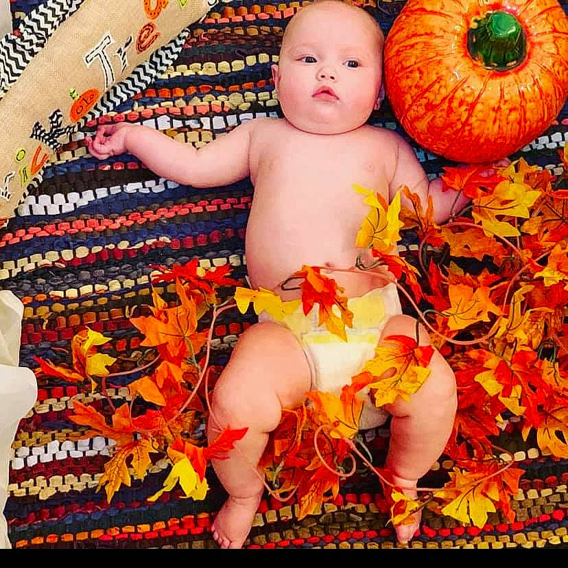 Eveleigh Rose joined the competition — help win amazing prizes! art, autumn, baby, child, orange, pattern, person, plant, pumpkin, toddler