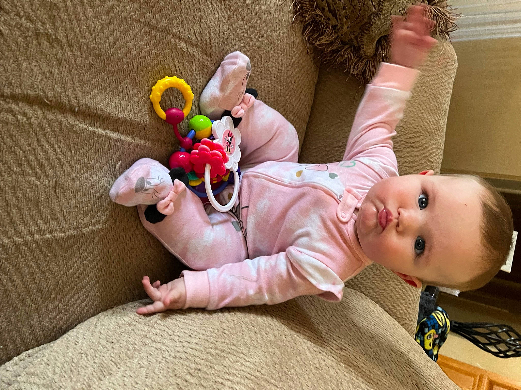 Aubrey is registered to the contest to win money with this photo: baby, baby_products, baby_toddler_clothing, child, comfort, finger, foot, fun, hand, happy, head, human_body, joint, leg, person, pink, sitting, skin, stuffed_toy, toddler