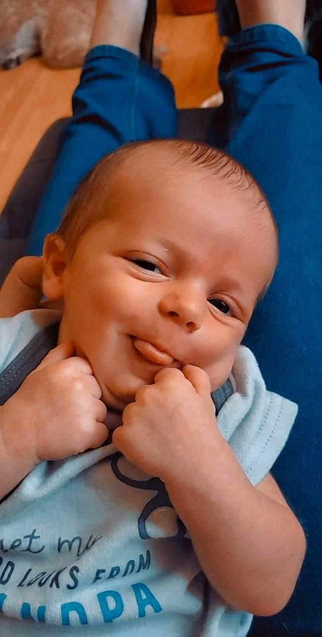 Keenan joined the competition — help win amazing prizes! baby, baby_toddler_clothing, blue, cheek, child, ear, eyelash, finger, gesture, hand, happy, human_body, iris, lip, mouth, nose, person, skin, smile, thumb