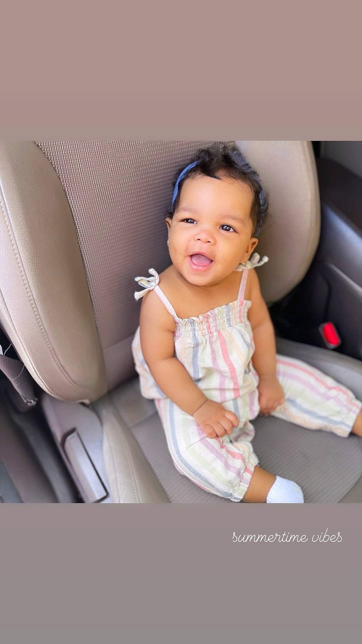 Mckinlee is registered to the contest to win money with this photo: auto_part, automotive_design, baby, baby_toddler_clothing, car_seat, car_seat_cover, child, comfort, dress, family_car, flash_photography, gesture, happy, head_restraint, human_leg, person, skin, smile, thigh, toddler