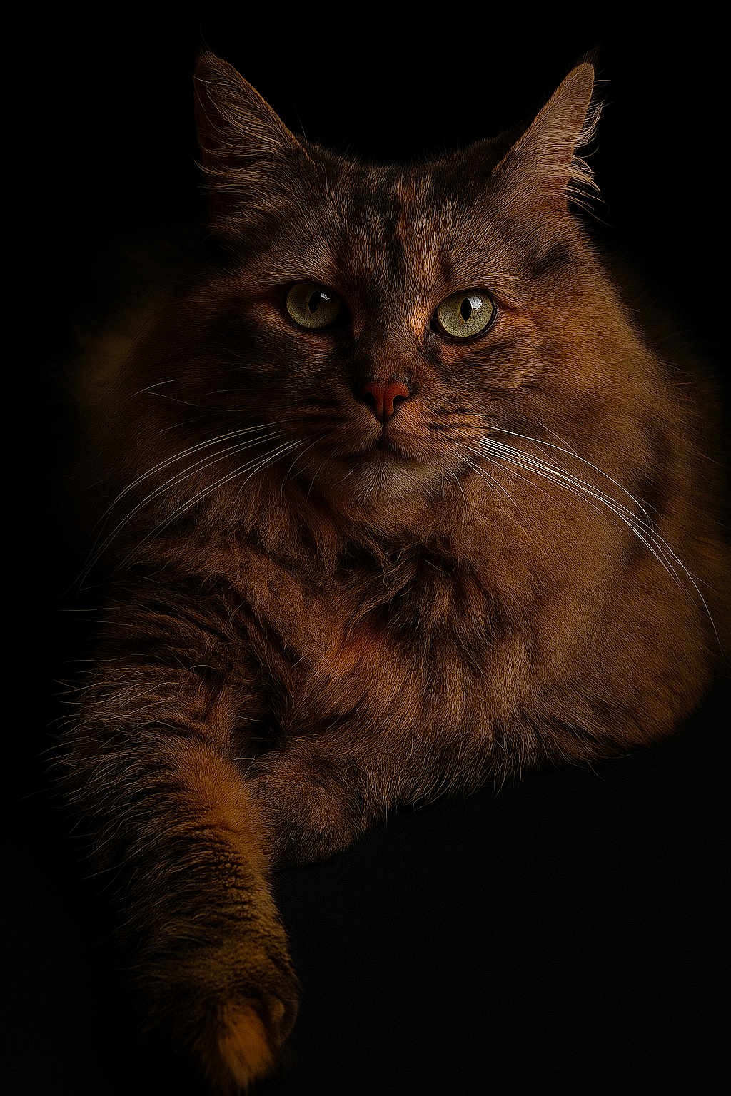 Poppy participe au concours pour gagner de l'argent avec cette photo : cat, fluffy, portrait, animal, pet, feline, green_eyes, whiskers, close_up, dark_background, majestic, fur, long_hair, cute, mammal, indoor, focused, relaxed, front_paw, studio_lighting