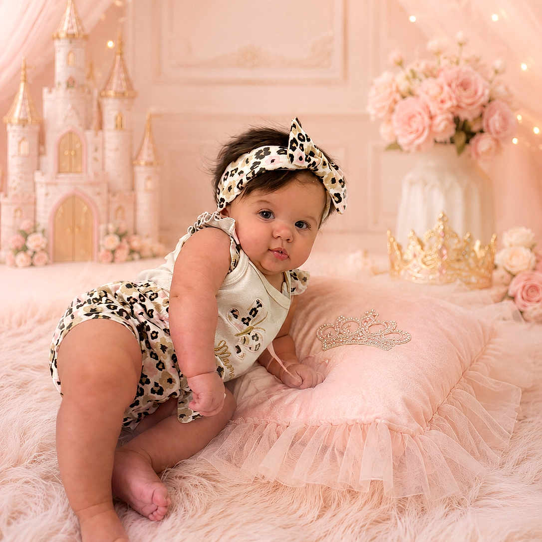 Rayleigh is registered to the contest to win money with this photo: baby, infant, leopard_print, headband, pink, pillow, crown, castle, flowers, roses, fluffy_rug, decor, portrait, cute, child, indoors, soft_lighting, fairy_tale, pose, adorable