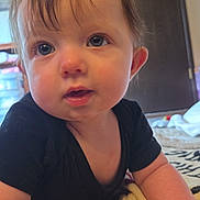 Rosalie joined the competition — help win amazing prizes! adorable, baby, baby_arms, black_shirt, blanket, brown_hair, candid, child, close_up, cozy, curious, eyes, face, home, indoors, infant, looking_at_camera, portrait, sitting, warm_lighting