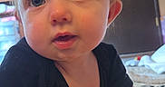 Rosalie joined the competition — help win amazing prizes! adorable, baby, baby_arms, black_shirt, blanket, brown_hair, candid, child, close_up, cozy, curious, eyes, face, home, indoors, infant, looking_at_camera, portrait, sitting, warm_lighting