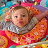 Rosalie joined the competition — help win amazing prizes! baby, child, infant, portrait, face, eyes, kissy_face, pouting, smiling, indoor, activity_center, baby_jumper, toys, colorful, flowers, playroom, seated, gray_shirt, hair, playtime