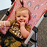 Rosalie joined the competition — help win amazing prizes! baby, child, infant, stroller, smiling, happy, sitting, indoor, rainbow_pattern, pink, brown_clothing, foot, hand, finger_in_mouth, portrait, face, carpet, harness, playful, photography