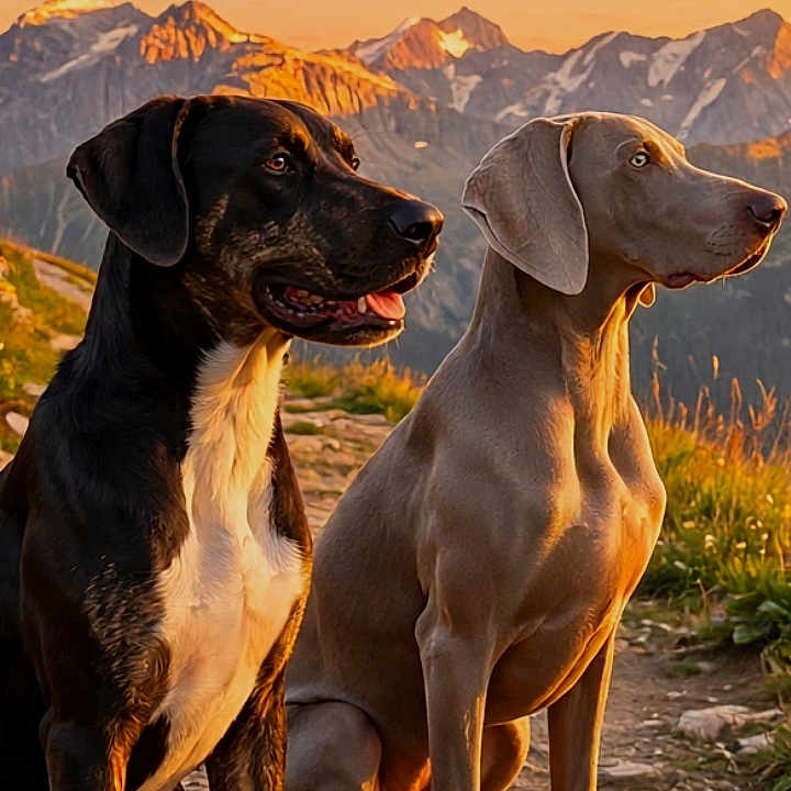 Patho Et Bayko participe au concours pour gagner de l'argent avec cette photo : dogs, canines, two_dogs, outdoors, mountains, sunset, landscape, portrait, standing, sitting, black_dog, gray_dog, long_ears, open_mouth, collar, rocky_ground, nature, adventure, smartphone_screen, wallpaper