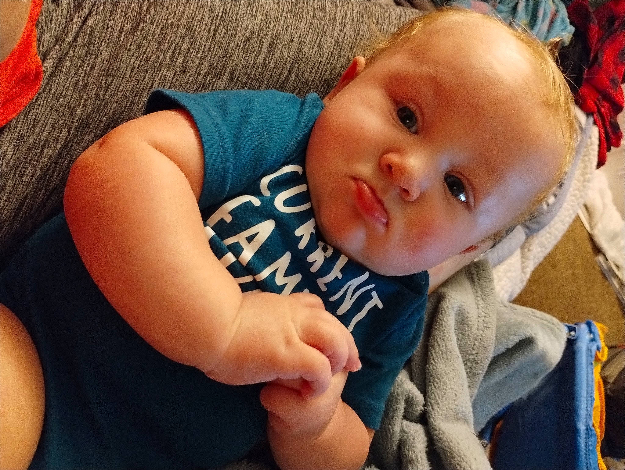 Gabriel is registered to the contest to win money with this photo: baby, baby_products, baby_toddler_clothing, cheek, child, chin, comfort, elbow, electric_blue, eye, finger, fun, happy, head, iris, nose, person, skin, thumb, toddler