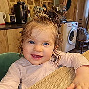 Iris participe au concours pour gagner de l'argent avec cette photo : toddler, child, smile, blue_eyes, curly_hair, hair_tie, wooden_table, kitchen, stone_wall, appliances, washing_machine, toaster, chair, person, indoor, happy, cute, baby_clothes, light, face