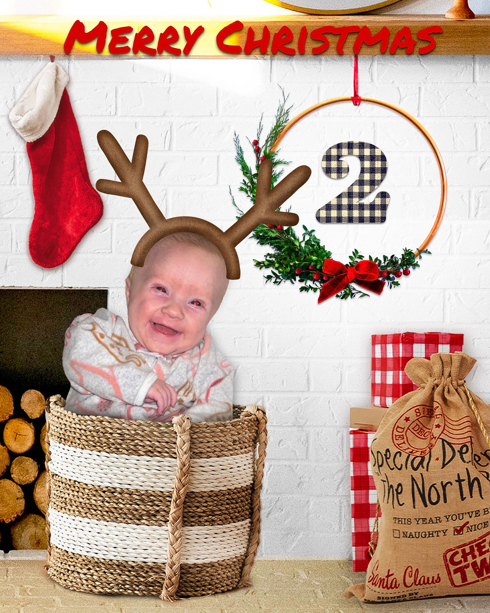 Elaine is registered to the contest to win money with this photo: baby, baby_toddler_clothing, basket, child, christmas_eve, comfort, event, font, happy, holiday, home_accessories, interior_design, ornament, pattern, person, rectangle, room, sitting, smile, toddler