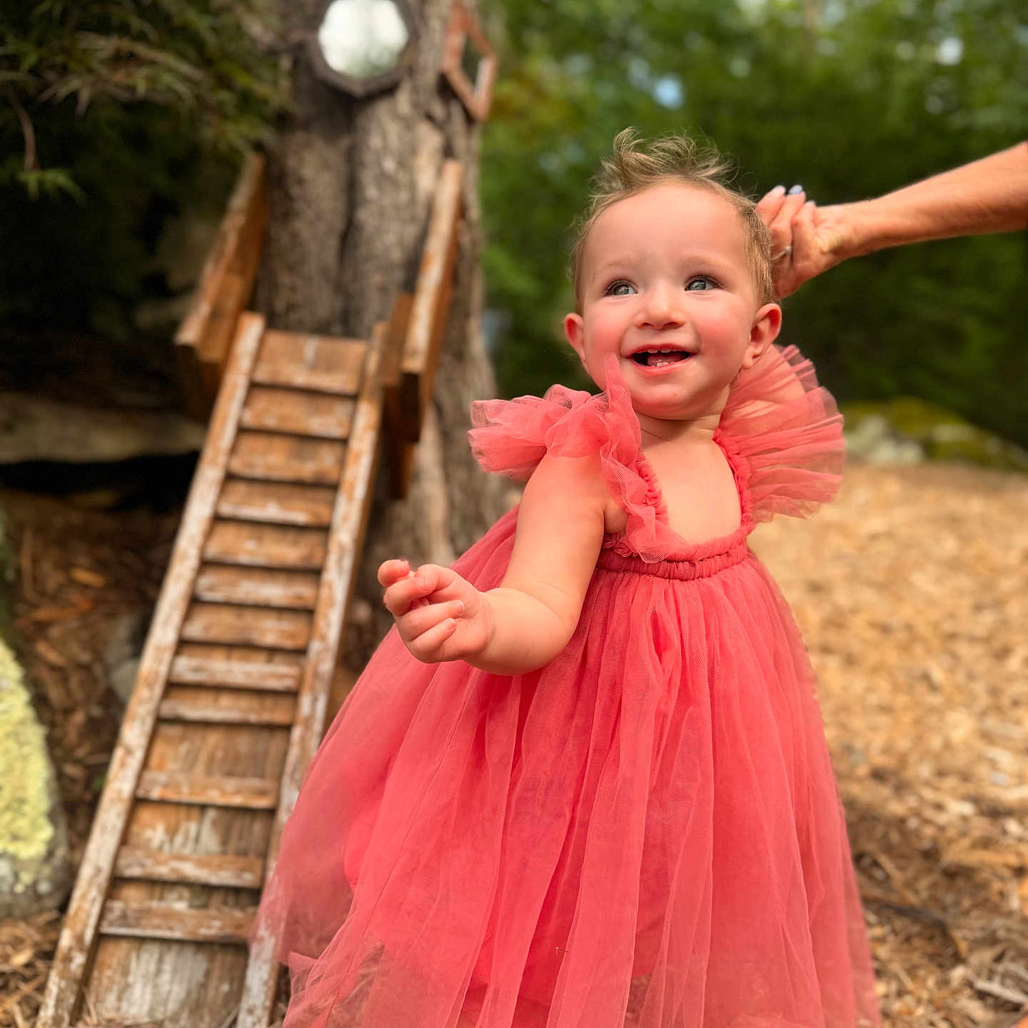 Isla is registered to the contest to win money with this photo: toddler, child, dress, pink, smile, hand_holding, outdoor, tree, wooden_ladder, nature, happy, person, young_child, playful, sunlight, greenery, portrait, cute, daylight, fashion