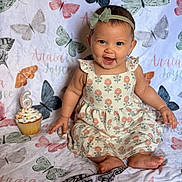 Araia is registered to the contest to win money with this photo: baby, child, girl, smiling, cupcake, birthday, candle, dress, headband, butterfly, pattern, blanket, sitting, celebration, happy, cute, portrait, infant, colorful, food