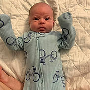 River joined the competition — help win amazing prizes! baby, bed, bicycle_pattern, blue_clothing, child, cute, expression, face, head, indoor, infant, looking_at_camera, lying_down, newborn, onesie, person, quilted_blanket, raised_arms, sleepwear, soft_texture