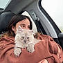 animal, brown_sweatshirt, car_interior, cat, closeup, comfort, cozy, cute, fur, hand, indoor, kitten, long_hair, nail_polish, person, pet, rain, seatbelt, tattoo, window