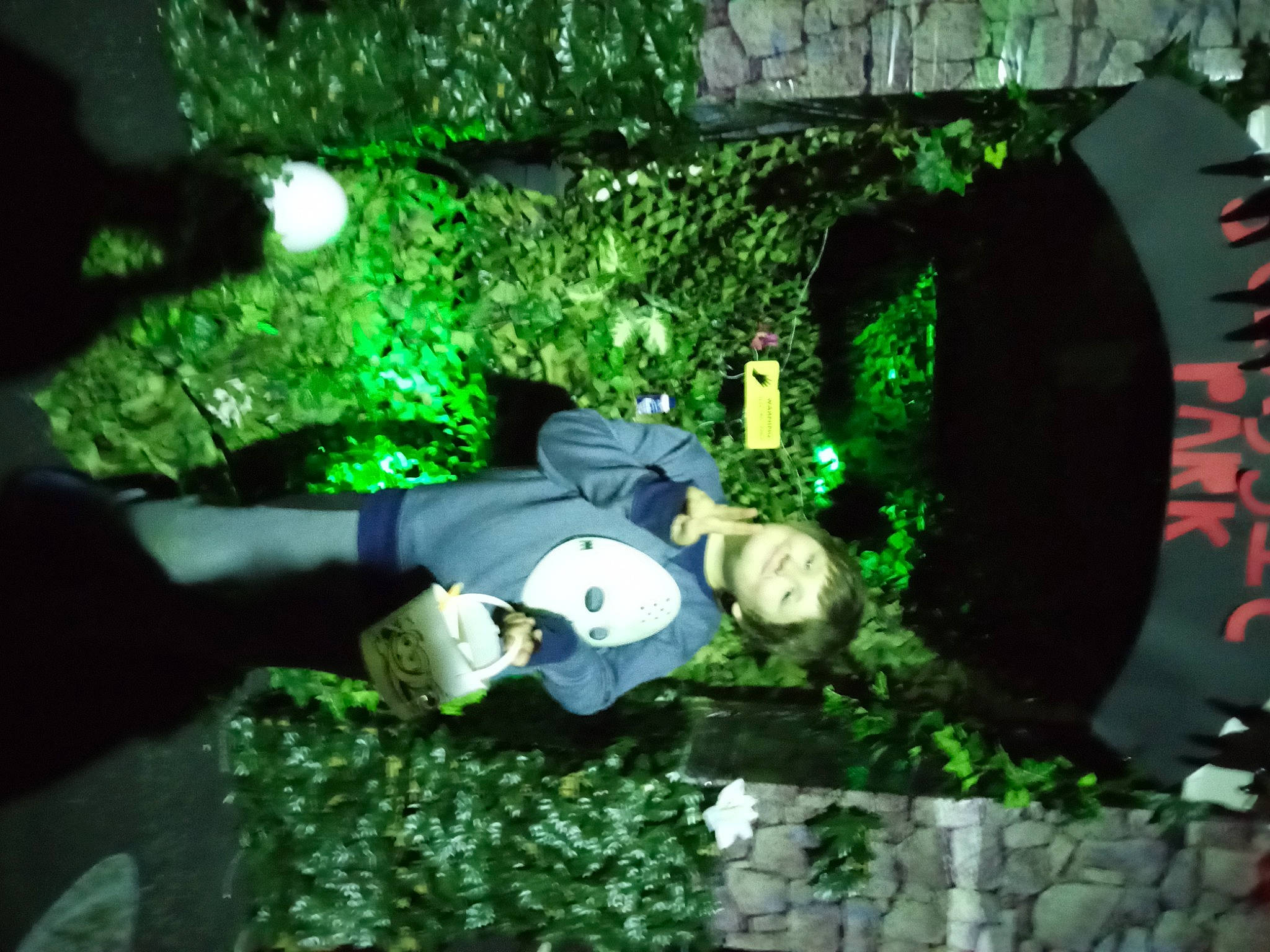 Cameron is registered to the contest to win money with this photo: event, fun, garden, grass, hat, lawn_ornament, leisure, night, organism, panda, person, plant, shrub