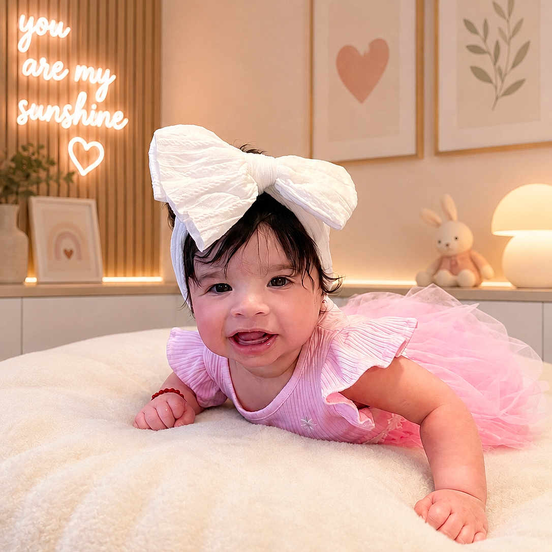Kaylani joined the competition — help win amazing prizes! baby, child, infant, smiling, crawling, pink_dress, large_bow, headband, nursery, bed, blanket, stuffed_bunny, lamp, wall_art, heart, indoor, portrait, happy, decor, warm_lighting