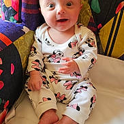 Athena-Rose is registered to the contest to win money with this photo: baby, blanket, chair, child, clothing, colorful, cute, expression, face, footwear, hand, happy, indoor, infant, mickey_mouse, minnie_mouse, onesie, patterned, sitting, soft