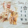 baby, infant, child, smiling, lying_down, raised_arm, portrait, blanket, milestone, monthly_photo, calendar, number_two, highland_cow, animal_illustration, pumpkin_clothing, cream_outfit, floral_pattern, indoor, cute, family_photography